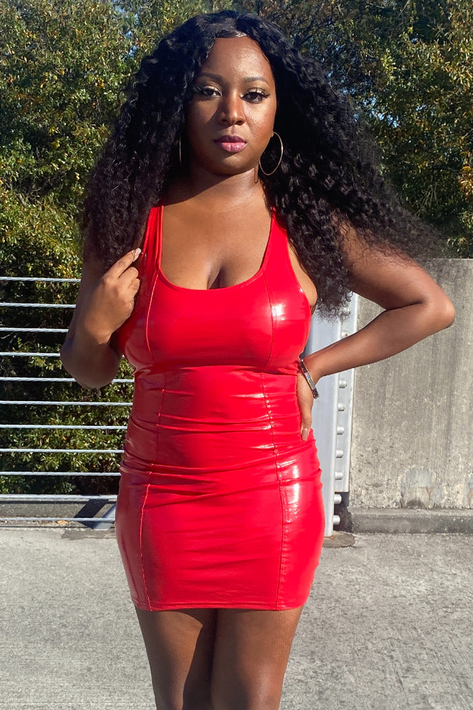 Red Latex Leather Sleeveless Mini Dress ...